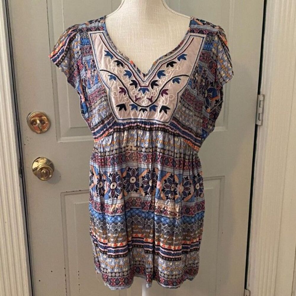 Unity World Wear Boho Embroidered V-Neck Cap Sleeve Top Size L